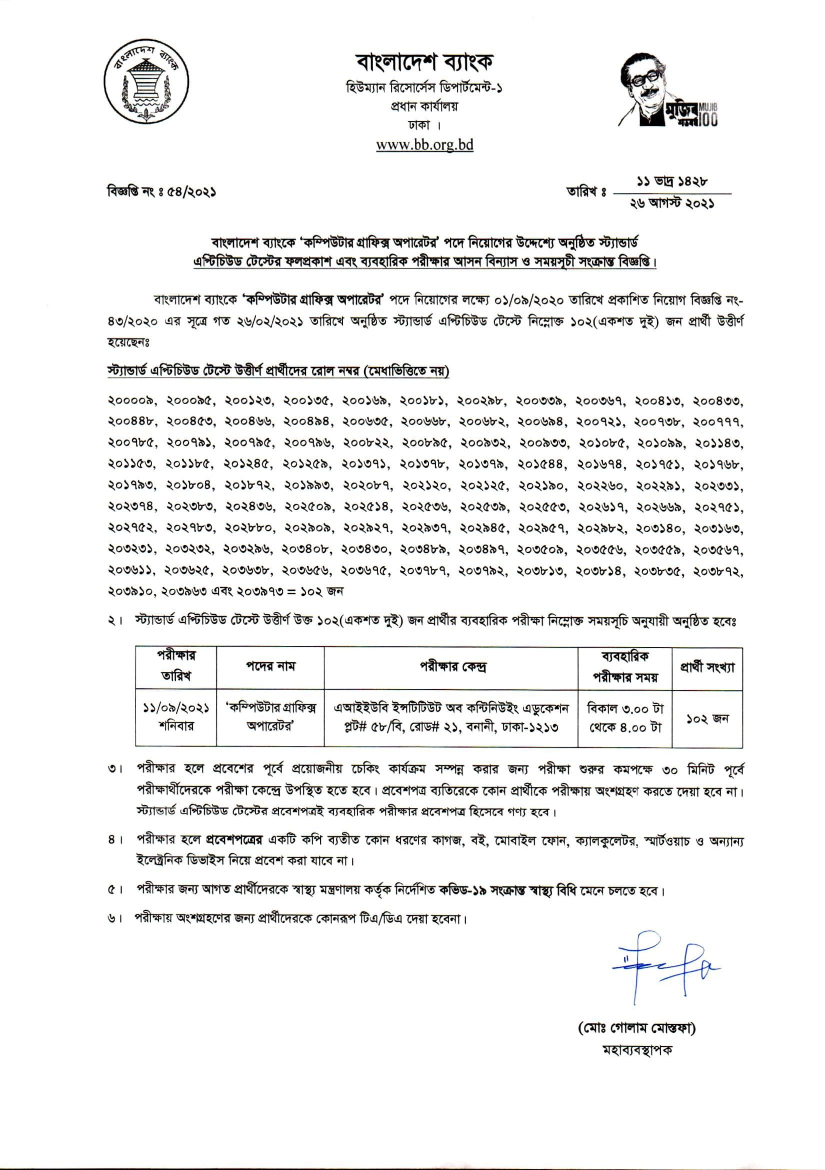 Bangladesh Bank Computer Graphics Operator Aptitude Test Result And Practical Test Date 2021 PDF