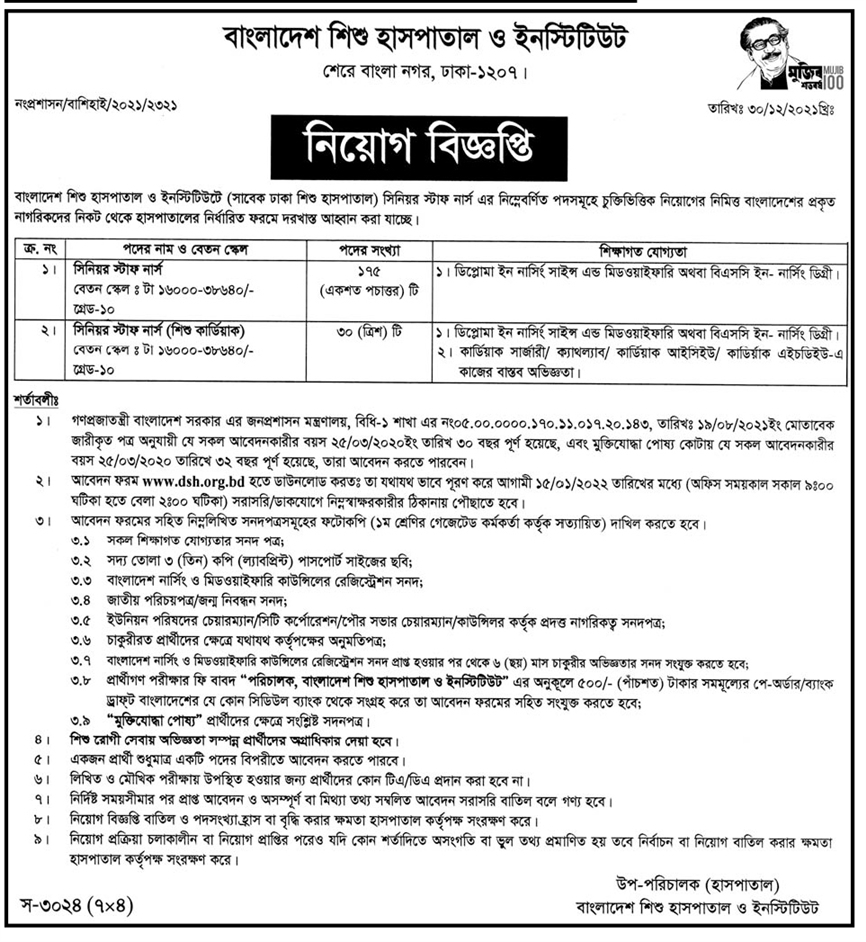 Dhaka Shishu Hospital Job Circular 2022